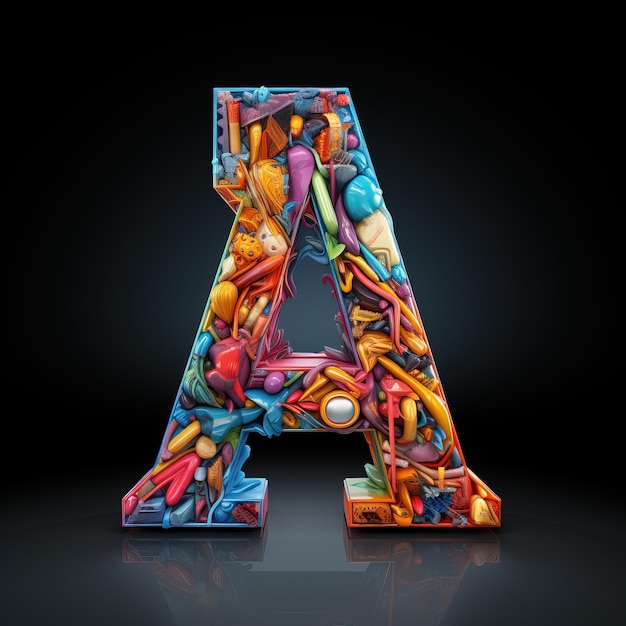 a letter a is painted with different colors and shapes.