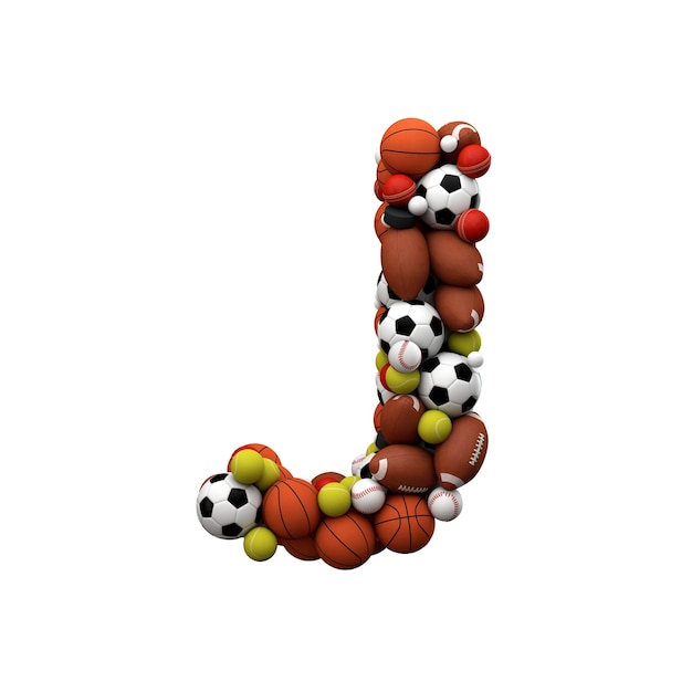 Letter J Font made from sports balls 3D Rendering