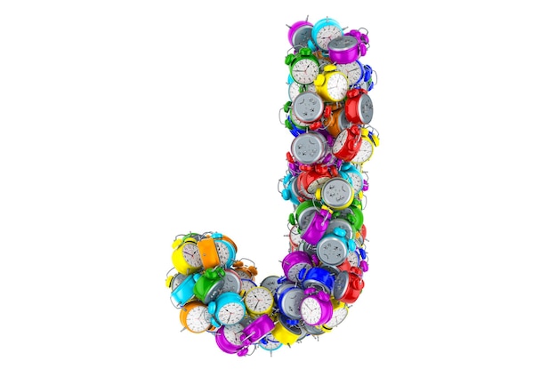 Letter J from colored alarm clocks 3D rendering