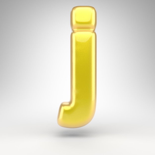 Letter J lowercase on white background. Yellow car paint 3D rendered font with glossy metallic surface.