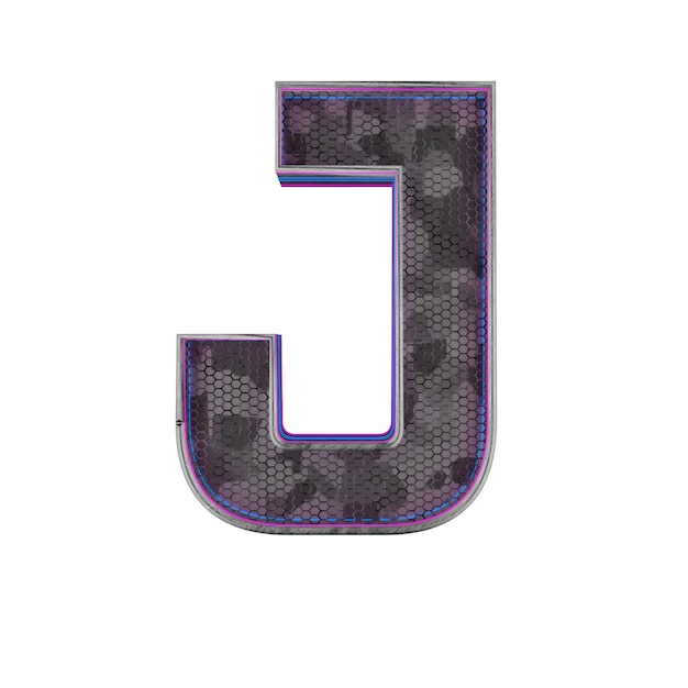 Photo letter j metallic futuristic font with blue neon lights 3d render