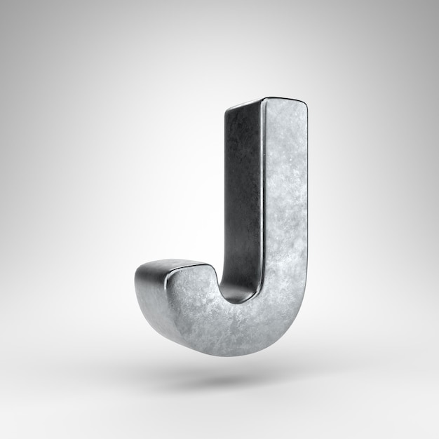 Letter J uppercase on white background. Gun metal 3D rendered font with rough metal texture.