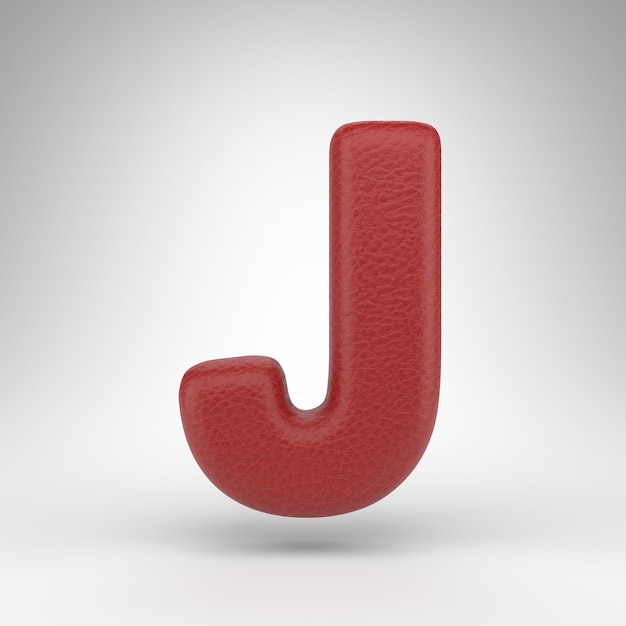 Letter J uppercase on white background. Red leather 3D letter with skin texture.