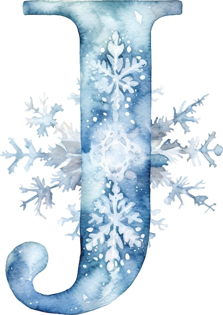 Letter J versierd met sneeuwvlokken winter wonderland aquarel geïsoleerd op wit