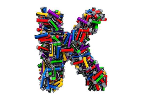 Letter K from colored AA batteries 3D rendering