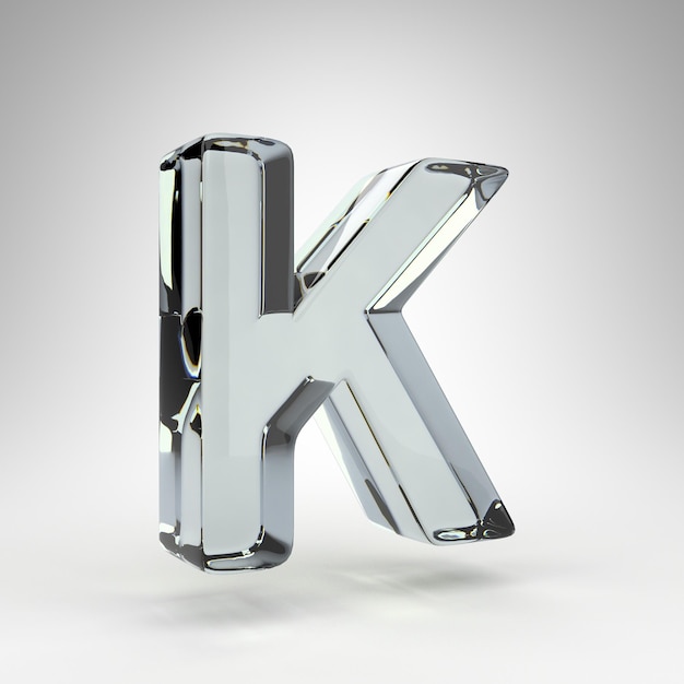 Letter K hoofdletters op witte achtergrond. Cameralens transparant glas 3D gesmolten lettertype met dispersie.