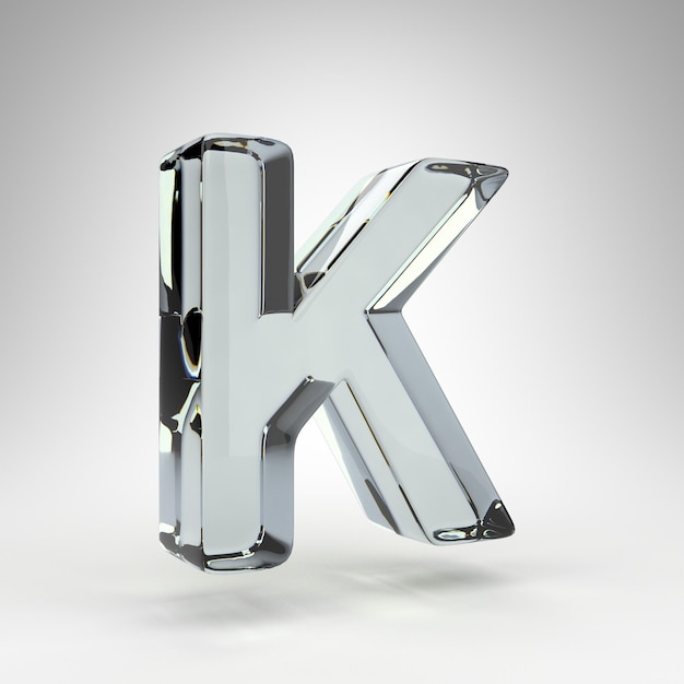 Foto letter k hoofdletters op witte achtergrond. cameralens transparant glas 3d gesmolten lettertype met dispersie.