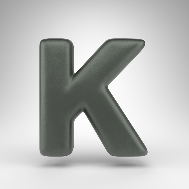 Letter K hoofdletters op witte achtergrond. Geanodiseerd groen 3D-gerenderde lettertype met matte textuur.