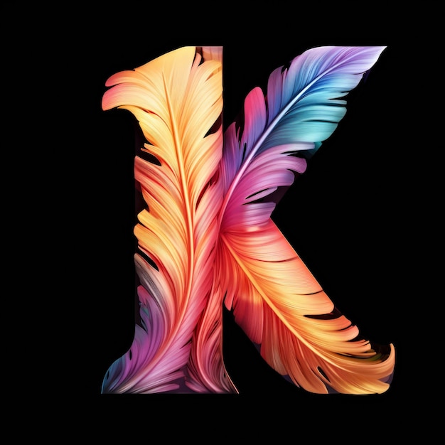 Photo the letter k is made up of colorful feathers