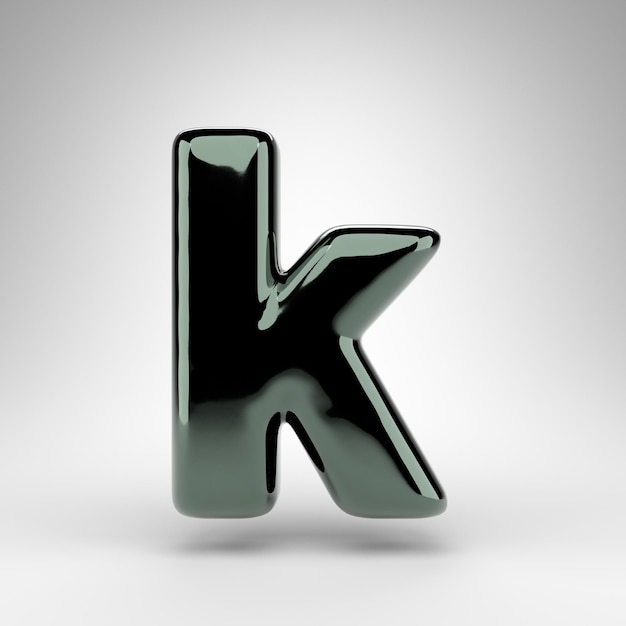 Foto letter k kleine letters op witte achtergrond. groen chroom 3d-gerenderde lettertype met glanzend oppervlak.