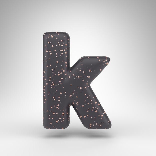 Letter K kleine letters op witte achtergrond. Zwart mat 3D-gerenderde lettertype met koperen stippen textuur.