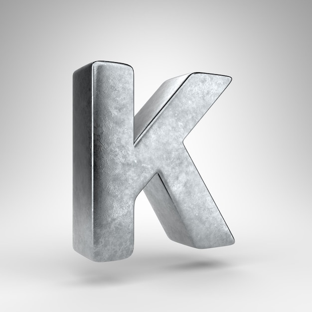 Letter K uppercase on white background. Gun metal 3D rendered font with rough metal texture.