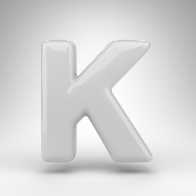 Letter K uppercase on white background. White plastic 3D rendered font with glossy surface.