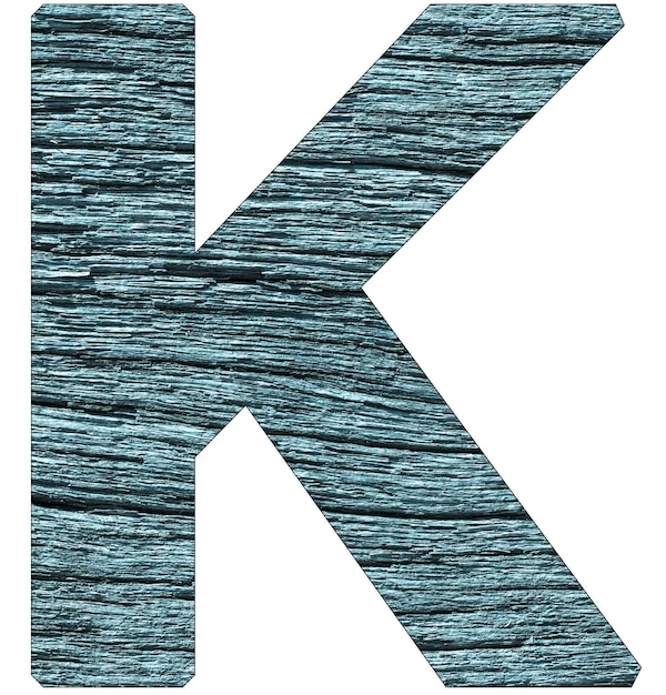 Letter K van het alfabet met houtstructuur in blauwe kleur