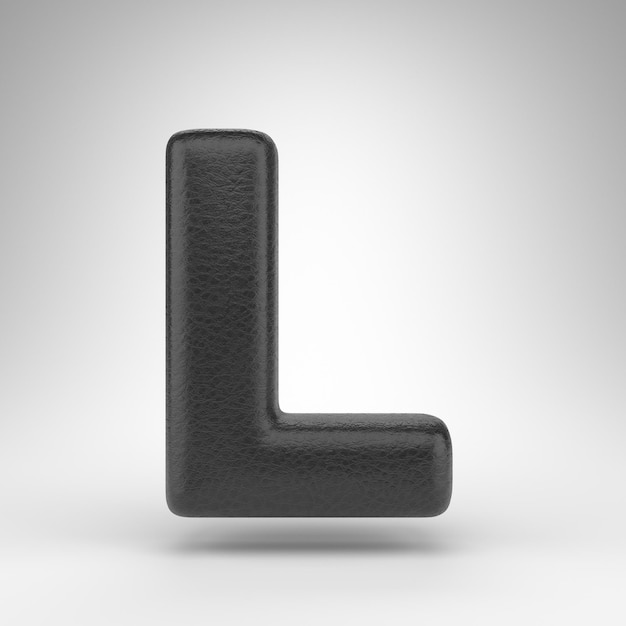 Letter L uppercase on white background. Black leather 3D rendered font with skin texture.