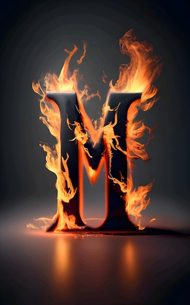 Photo letter m in flames black background typography