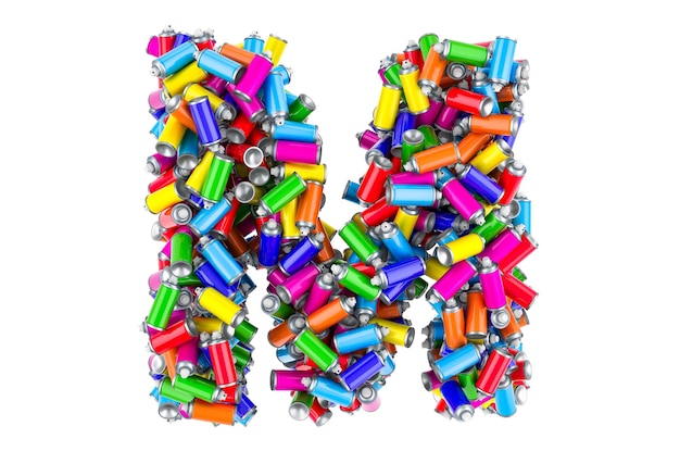 Letter M from colored spray paint cans 3D rendering