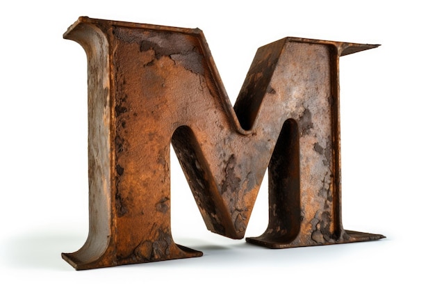 Photo letter m from rusty metal on white background