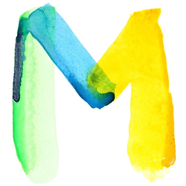 Letter m - levendig aquarelalfabet. kleuren lijken op de vlag van brazilië