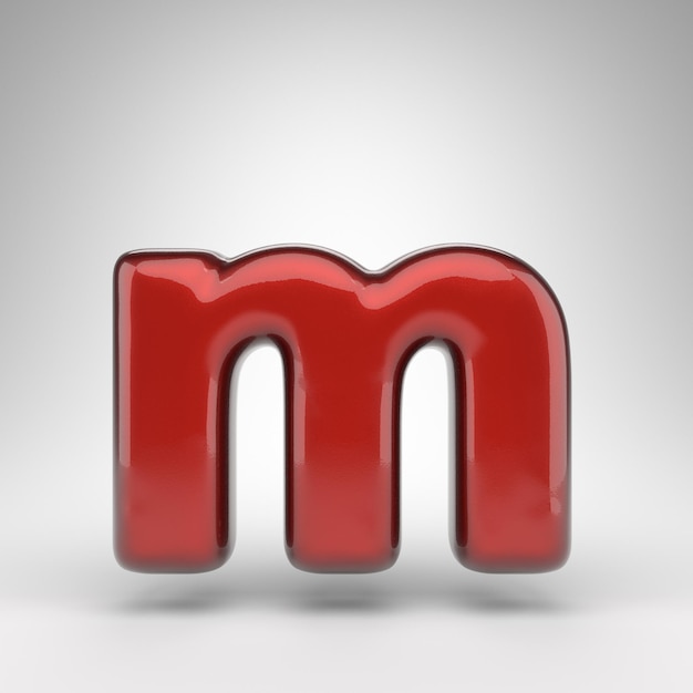 흰색 바탕에 문자 M 소문자입니다. 광택 있는 금속 표면이 있는 빨간색 자동차 페인트 3D 렌더링된 글꼴입니다.