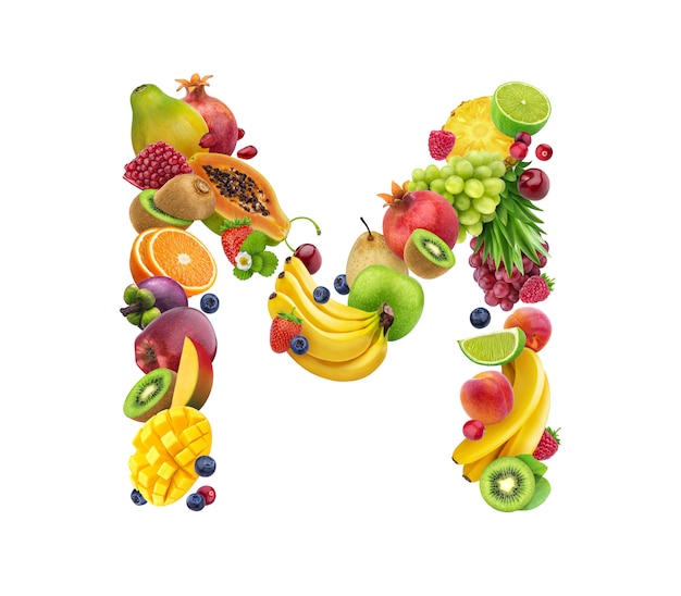 Letter M made of different fruits and berries