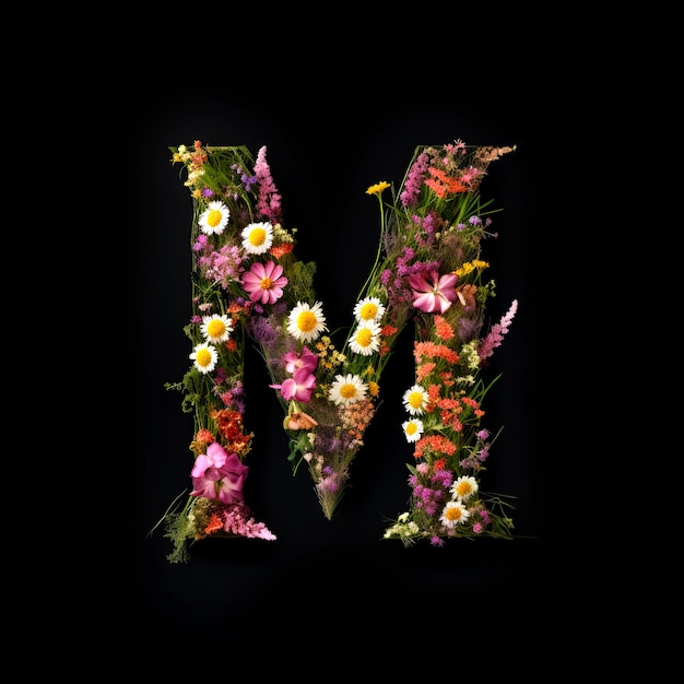Фото Буква m из цветов и растений на черном фоне концепция цветочного шрифта