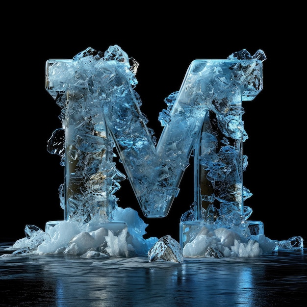 Photo the letter m made of smooth perfect ice black background