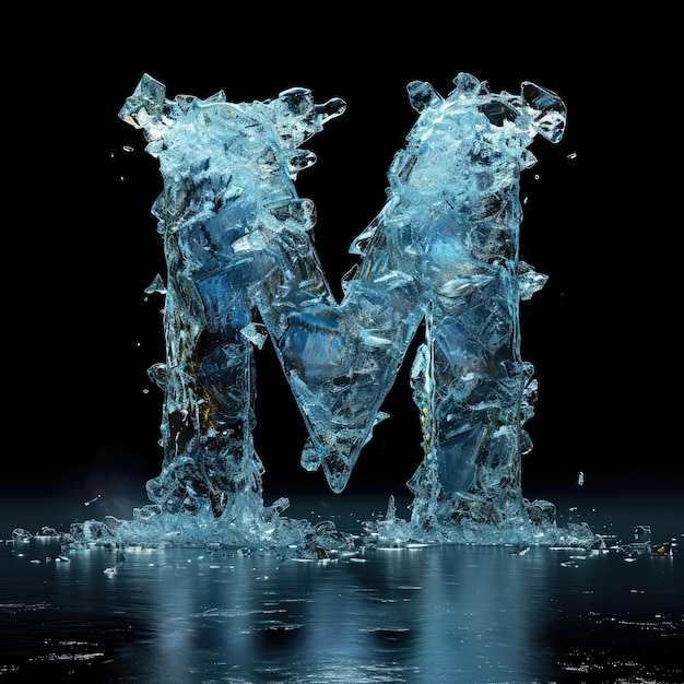 the letter M made of smooth perfect ice black background