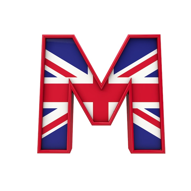 Letter M Union Jack lettertype Groot-Brittannië vlag belettering 3D-Rendering