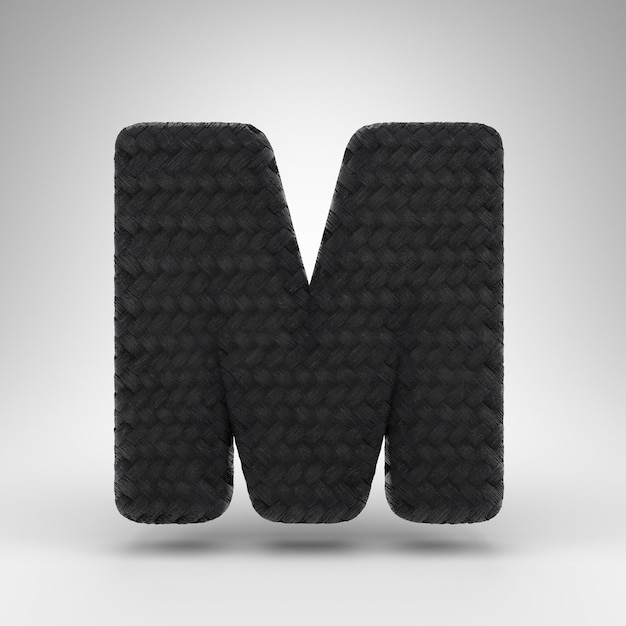 Letter M uppercase on white background. Black carbon fiber 3D rendered font with carbon thread texture.