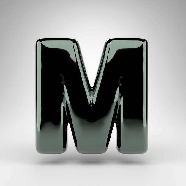 Photo letter m uppercase on white background. green chrome 3d rendered font with glossy surface.