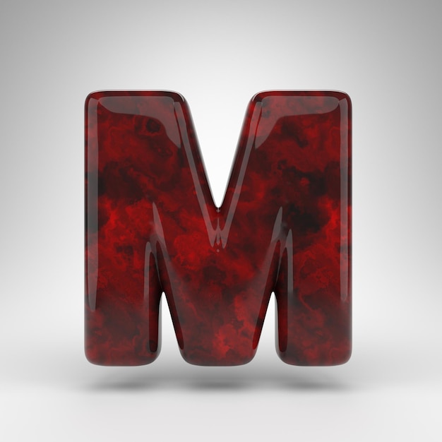 Photo letter m uppercase on white background. red amber 3d letter with glossy surface.