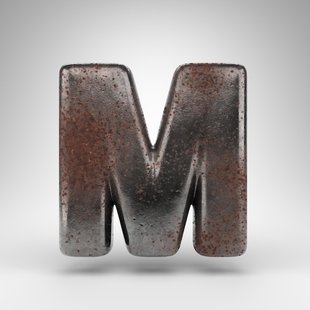 Letter M uppercase on white background. Rusty metal 3D rendered font with oxidized texture.