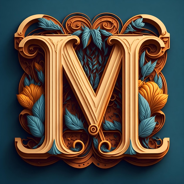 A letter m with a blue background and gold letters.