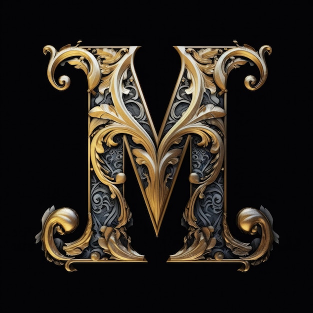 Photo a letter m with gold leaves and flowers on a black background