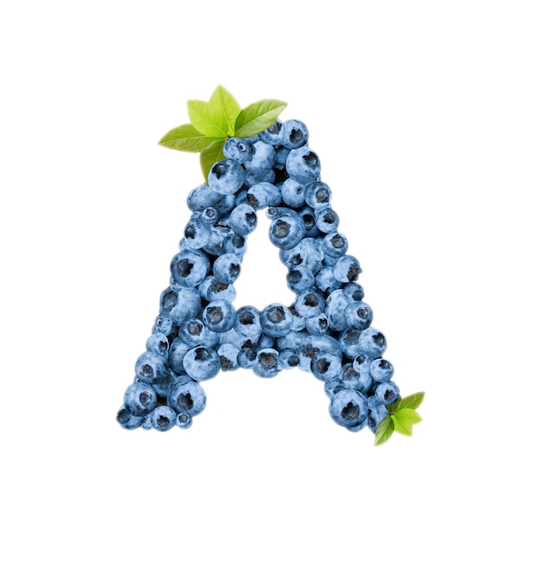 Photo letter a, made with fresh blueberries isolated on white. bluberries font of full alphabet set of upper case letters.