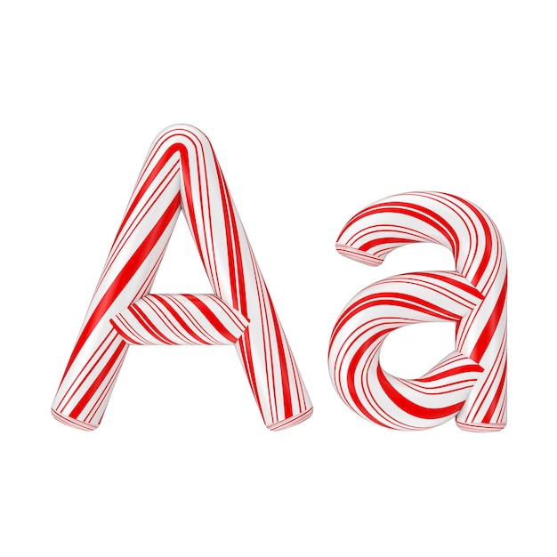 Lettera a mint candy cane alphabet collection striped in red christmas color su sfondo bianco. rendering 3d