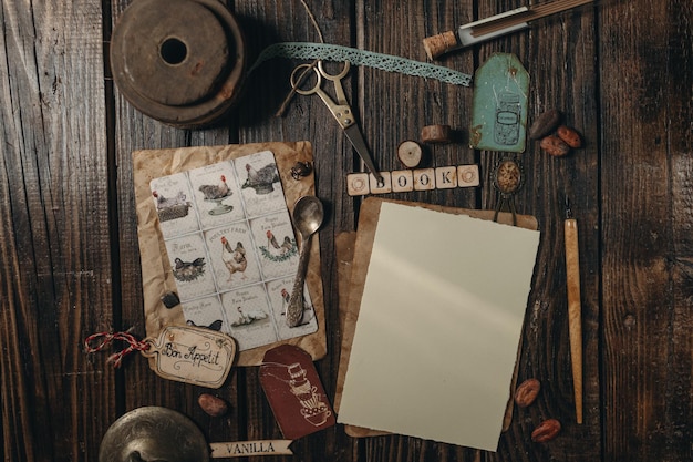 Photo letter mockup in vintage style aged paper on wooden background