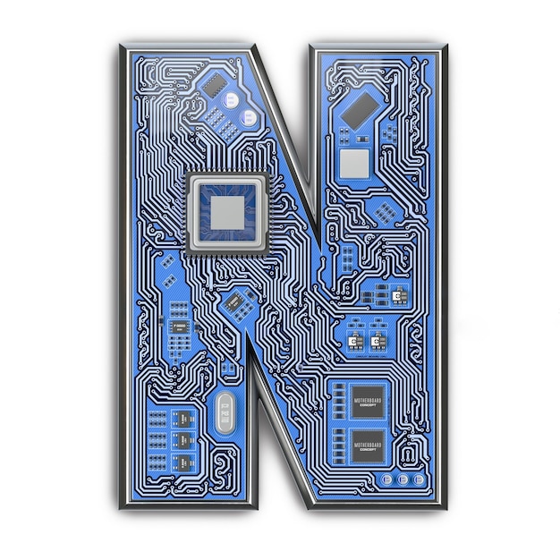 Letter N Alphabet in circuit board style Digital hitech letter isolated on white