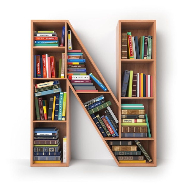 Letter N Alphabet in the form of shelves with books isolated on white