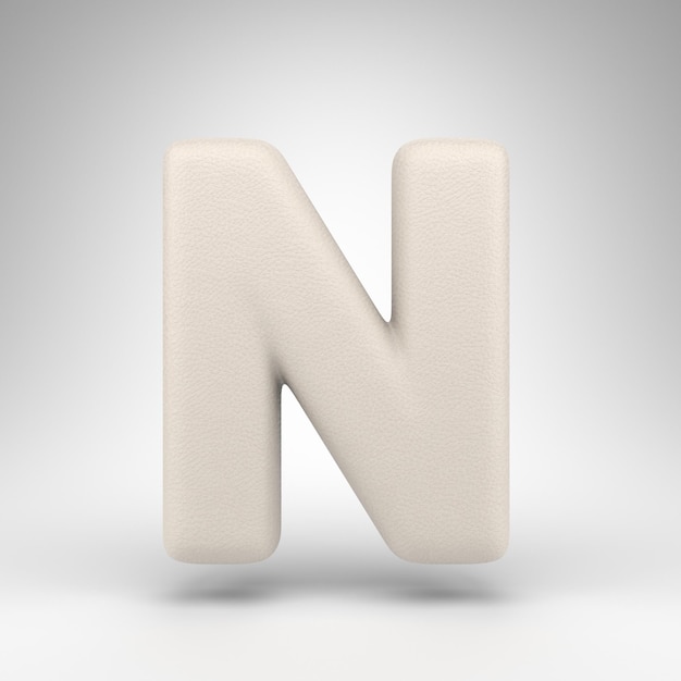 Letter N hoofdletters op witte achtergrond. Wit leer 3D rendeWhite lettertype met huidtextuur.