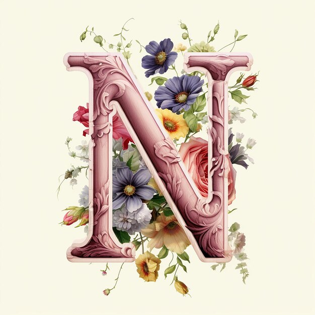 The letter N is decorated with roses