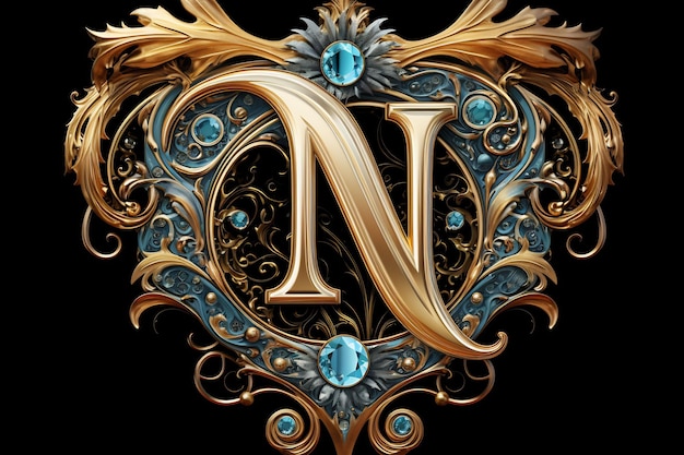 a letter n is shown with a gold and blue diamonds