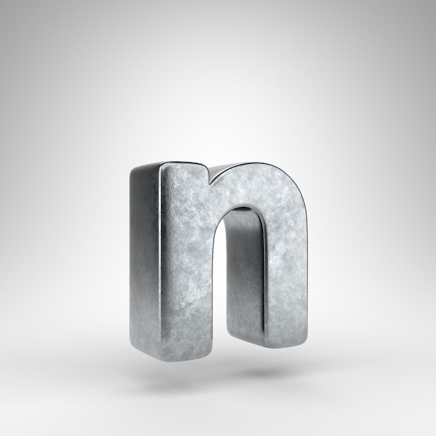 Letter N kleine letters op witte achtergrond. Gun metal 3D-gerenderde lettertype met ruwe metalen textuur.