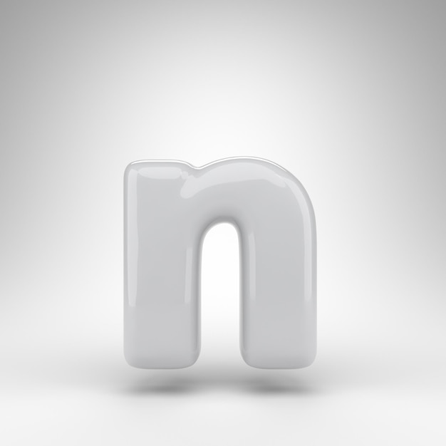 Letter N lowercase on white background. White plastic 3D rendered font with glossy surface.