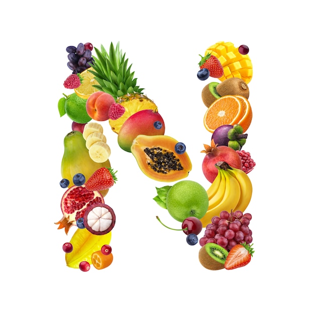 Letter N made of different fruits and berries