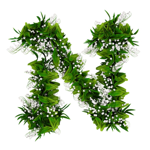 Foto lettera n fatta di fiori ed erba isolati su bianco. illustrazione 3d.