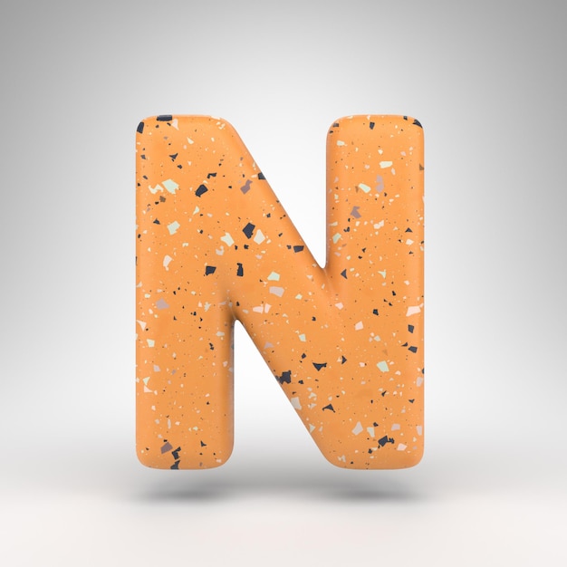 Letter N uppercase on white background. 3D rendered font with orange terrazzo pattern texture.