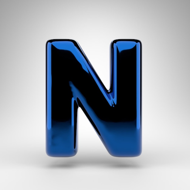 Letter N uppercase on white background. Blue chrome 3D rendered font with glossy surface.