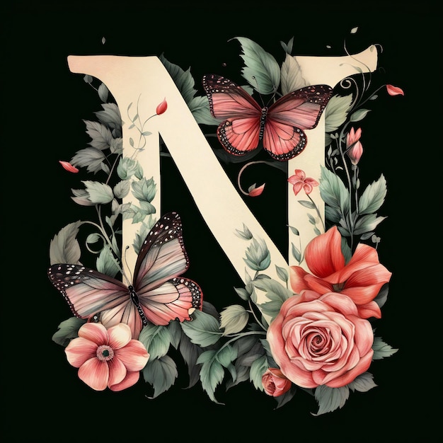 A letter n with flowers and butterflies is displayed on a black background.
